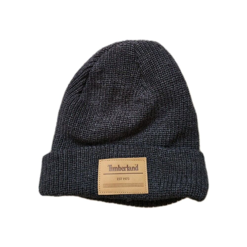 Timberland Gray Waffle Knit Beanie Hat Unisex One Size Acrylic Logo Patch GUC